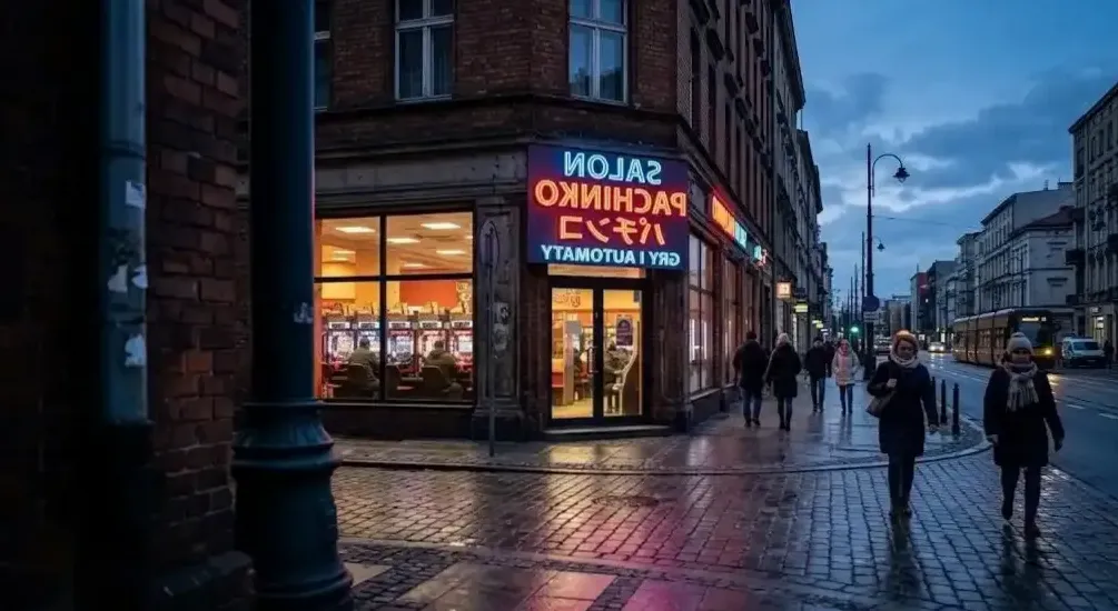 Wnętrze klubu pachinko — rząd automatów
